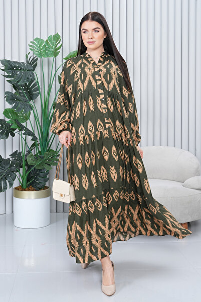 EL jadida Γυναικείο φόρεμα με μοτίβο Katkat Plus Size Viscose Hijab Χακί