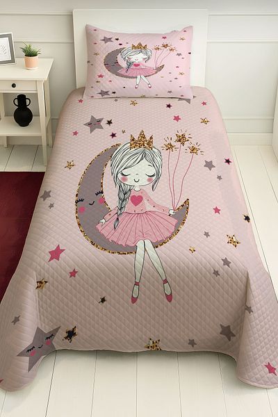PRINTOPIA Powder Pink Girl Sitting on the Moon Stars Patterned Single Pique Set