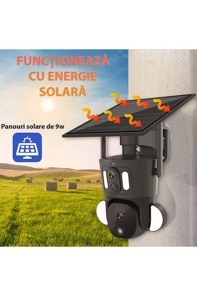 Spionescu Dual surveillance camera, Q32, WIFI, 4MP, PTZ, CCTV, IP 66, 9W solar panel, 360º panoramic view