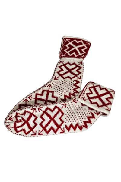 OEM Knitted Socks, Women's Slippers Style, Wool, Ethnic Pattern, Vado Artisan, Off-White & Bright Red, U