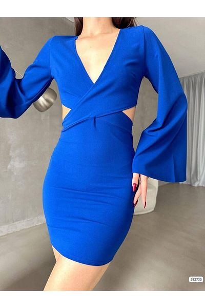 Modafeminen V-Neck Low-Cut Cross Closure Mini Size Imported Crepe Fabric Evening Dress Saks 582735