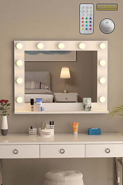 nysamo 90x70cm Beyaz Raflı Işıklı Kumandalı Makyaj Masası Etejer Banyo Aynası Dresuar Salon Aynası