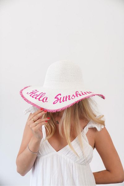 Niloshka Edit White Fuchsia Women's Straw Hat with Text Detail