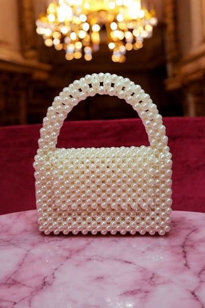 GÜLSEMALİ Pearl Bag, Cream Pearl Bead Handbag Classic