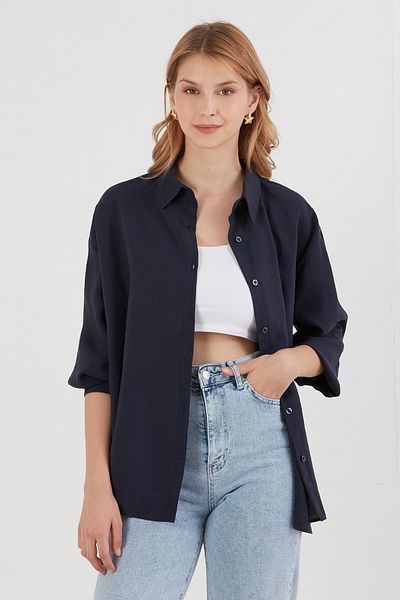 Fulla Moda Teddy Bear Embroidered Long Sleeve Oversize Modal Shirt
