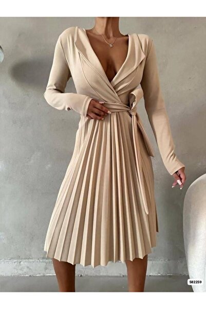 Modafeminen Μακρυμάνικο κρεπ ύφασμα πλισέ φόρεμα με ζώνη μπεζ 582259