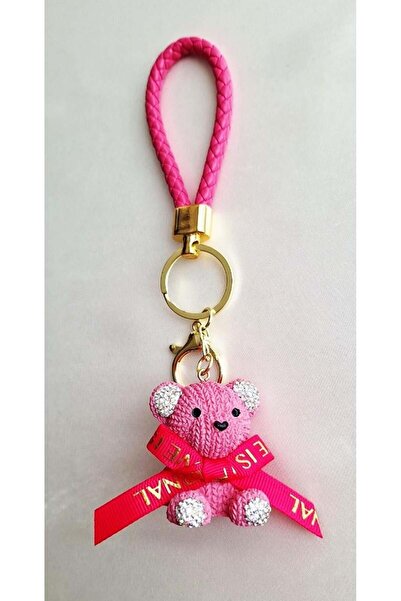 Svc Aksesuar Luxury Gift Pink Teddy Bear Keychain with Zircon Stone Detail - Bag Charm - Bag Ornament 19 cm