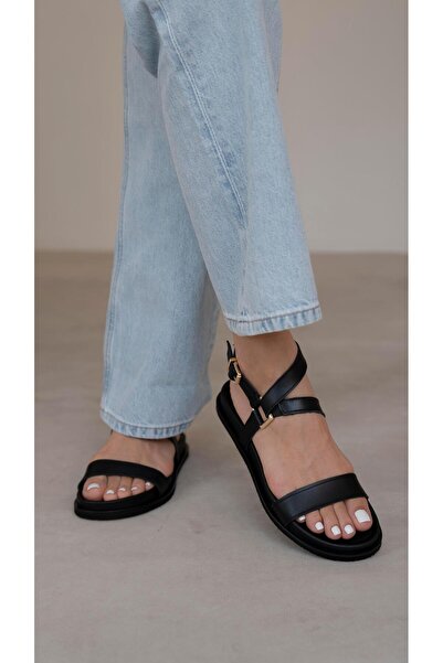 ECENİN BUTİĞİ Dubai Siyah Hakiki Deri Sandalet