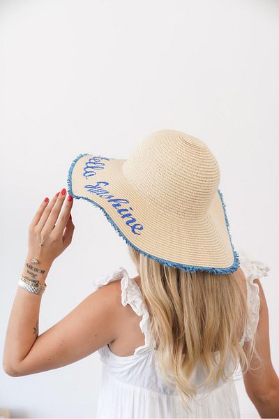 Niloshka Edit Beige Blue Women's Straw Hat with Text Detail