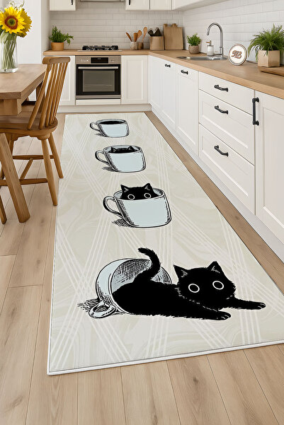 PRINTOPIA Kırık Beyaz Fincan Kediler Desenli Yıkanabilir Kaymaz Mutfak Halısı