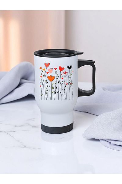 lili hediyelik Heart Themed Flowers Printed Steel Cup Thermos with Handle 450 ml