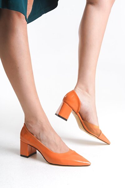 Niloshka Fabio Orange Patent Leather Transparent Detailed Stiletto Shoes