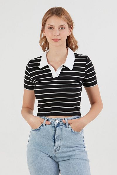 Fulla Moda Striped Polo Neck T-Shirt