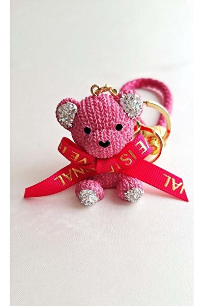 Svc Aksesuar Luxury Gift Pink Teddy Bear Keychain with Zircon Stone Detail - Bag Charm - Bag Ornament 19 cm