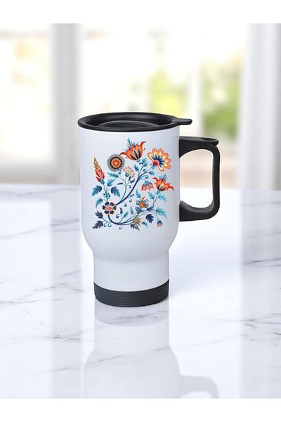 lili hediyelik Flowers Theme Printed Steel Cup Thermos with Handle 450 ml