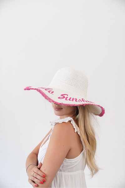 Niloshka Edit White Fuchsia Women's Straw Hat with Text Detail