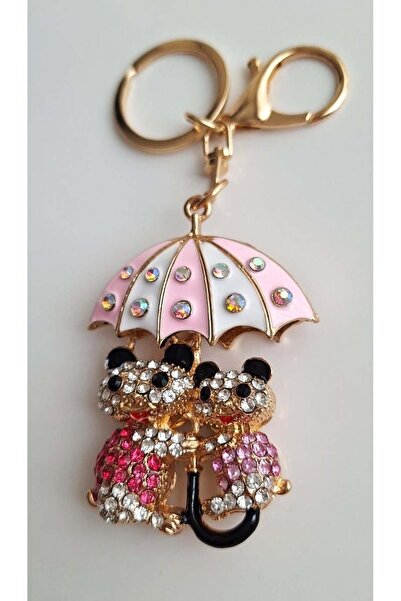 Svc Aksesuar Luxury Gift Zircon Stone Pink Umbrella Cute Teddy Bear Keychain - Bag Ornament 12.5 cm