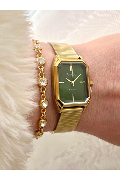 Ferrucci Dikdörtgen Kasa Hasır Şık Çelik Kordon Kadın Kol Saati+Bileklik