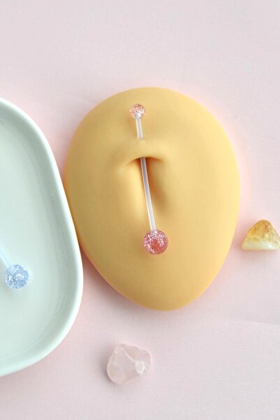 Sacce Scarves&Accessories Hamilelik İçin Bioplast Göbek Piercing Seti – 2'li (Pembe & Gümüş Simli)