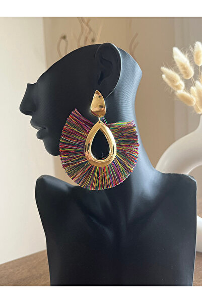 Büyük Hanım أقراط نسائية ذات شكل معدني ملون مع شرابة كبيرة