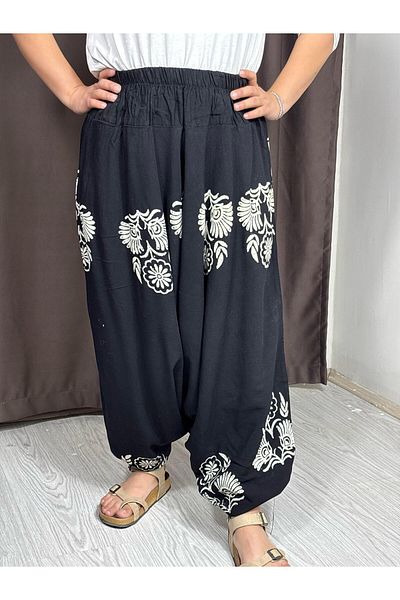 Sobe Hediyelik Black Hand Printed Adana Shalwar – Relaxed Fit, Wide Leg, Ethnic Patterned Summer Trousers
