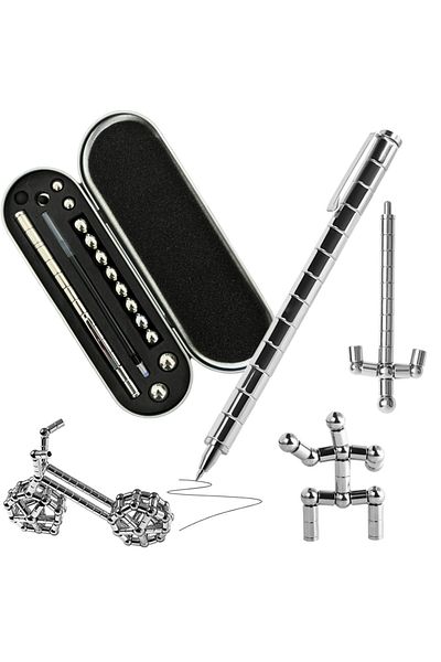 Influential Tech Modular Magnetic Pen Set with 13 Rings, 12 Steel Balls, Refills & Tips, Silver, Metal Box