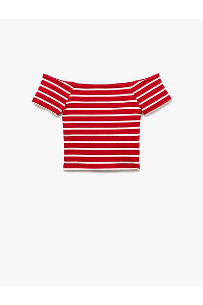 Koton New Season Cotton Short Sleeve Off-The-Shoulder Striped Madonna Collar T-Shirt