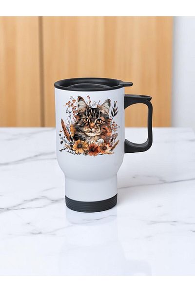 lili hediyelik Flowers Cat Printed Steel Cup Thermos with Handle 450 ml