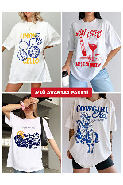 Plaza Butik 4 Parça Kadın Oversize Pinterest Tshirt Seti