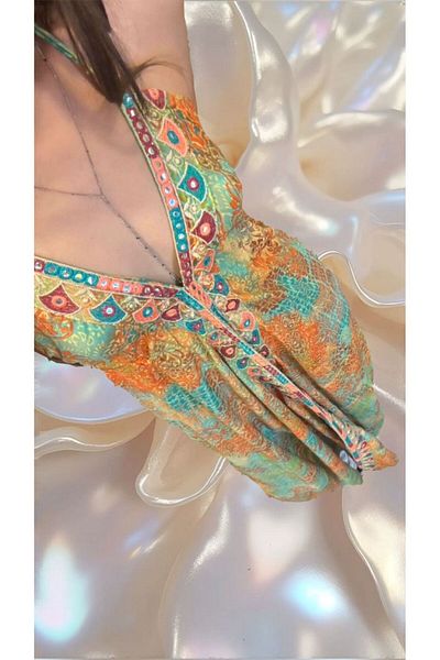 VibeGaia Ethnic Patterned Halter Neck Low Back Mirror Detail Long Dress