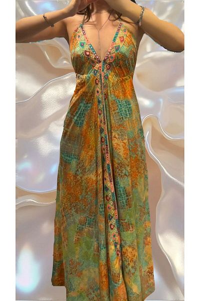 VibeGaia Ethnic Patterned Halter Neck Low Back Mirror Detail Long Dress