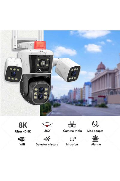 Spionescu Triple surveillance camera, P8, 16MP, 720 degrees, ultra HD 8K, Wi-Fi, night vision, motion sensor