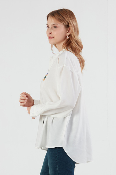 Fulla Moda Teddy Bear Embroidered Long Sleeve Oversize Modal Shirt