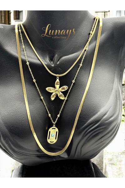 Lunays Paslanmaz Çelik 3 lü Asya Model Zincir Kadın Kolye Gold Renk