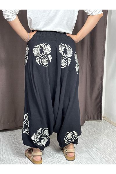 Sobe Hediyelik Black Hand Printed Adana Shalwar – Relaxed Fit, Wide Leg, Ethnic Patterned Summer Trousers