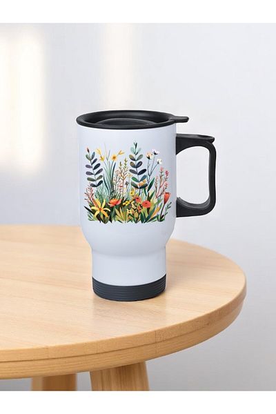 lili hediyelik Flowers Printed Steel Cup Thermos with Handle 450 ml