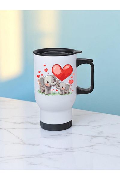 lili hediyelik Heart Elephant Printed Steel Cup Thermos with Handle 450 ml
