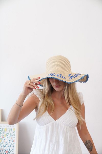 Niloshka Edit Beige Blue Women's Straw Hat with Text Detail