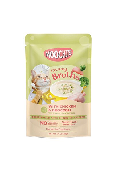 MOOCHIE مرق كريمي للقطط الصغيرة مع الدجاج والبروكلي 40 جرام - عبوة من 12 كيس