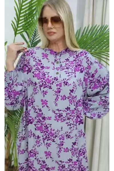 AKŞEN GİYİM Plus Size 100% Cotton Side Pockets Flower Printed Sleeves Elastic Half Button Long Dress