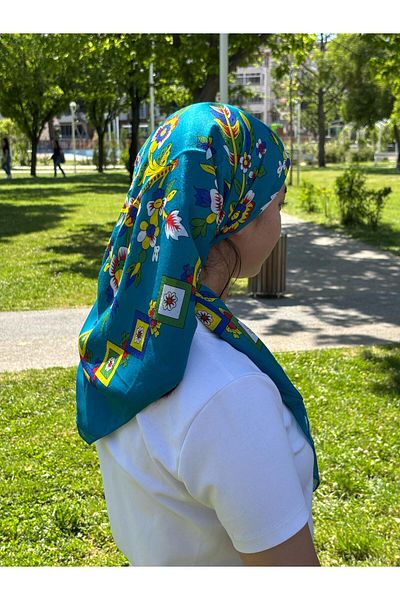 Sobe Hediyelik Çengelköy Patterned Turquoise Writing 100X100 cm – Ethnic Floral Headscarf Dowry and Daily