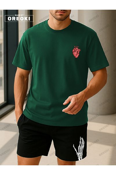 EFFRENATU Life Wish Printed Cotton Fabric Men's Forest Green T-Shirt-Black Shorts Set