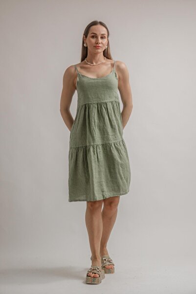 Vals KETEN İNCE ASKILI SIRTI KURDELALI ELBİSE