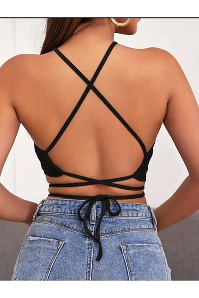 Pupa Black Drawstring Tie Crop Blouse