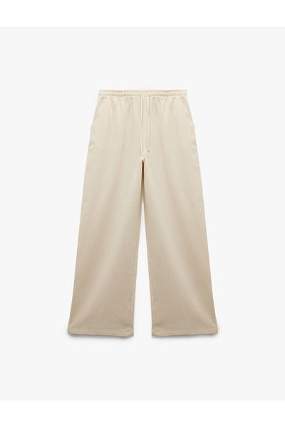 Koton New Season Wide Leg Linen Blend Trousers with Lace-Up Waist