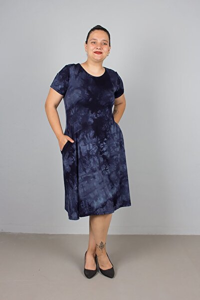 Truva XXL Washable Navy Blue Plus Size Dress with Pockets – Natural and Comfortable Chic!