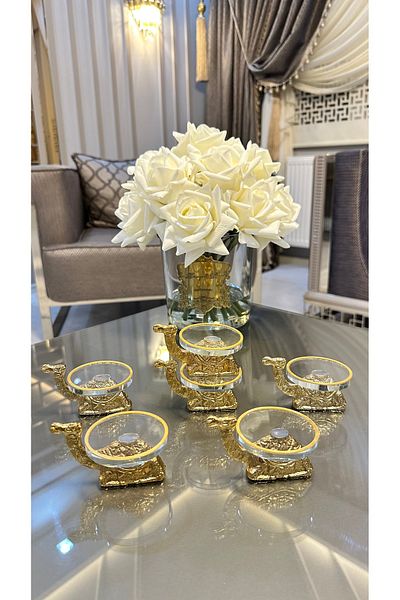 Vakıf home 6 Pieces of Casting Camel Gold Coffee Side Glass Turkish Delight Bowl Presentation Bowl Dragee