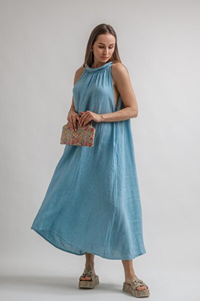 Vals KETEN ARKASI DÜĞMELİ SIFIR KOLLU ELBİSE