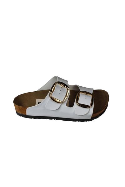 Yaz Kış Ayakkabı Yazkiş Women's Black White Mink Matte Skin Double Gold Buckle Cork Sole Slippers