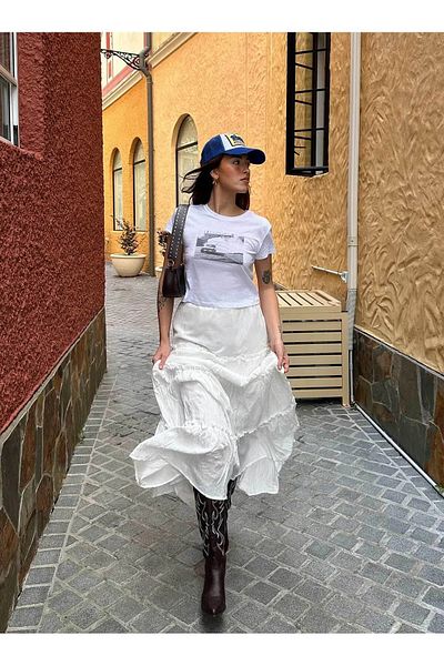ÖZGESTORE Fustă lungă de damă plisată de bază albă